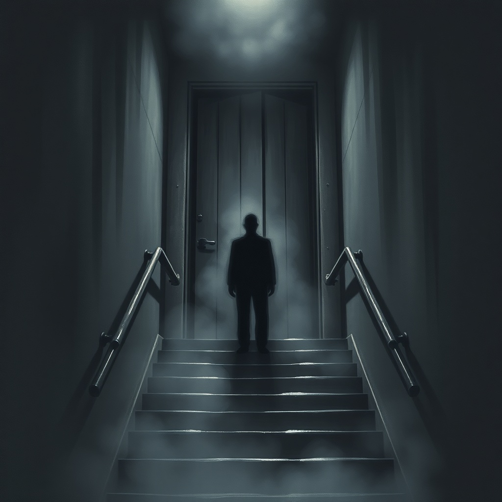 Dark charcoal horror illustration of the basement stairwell leading up to a heav