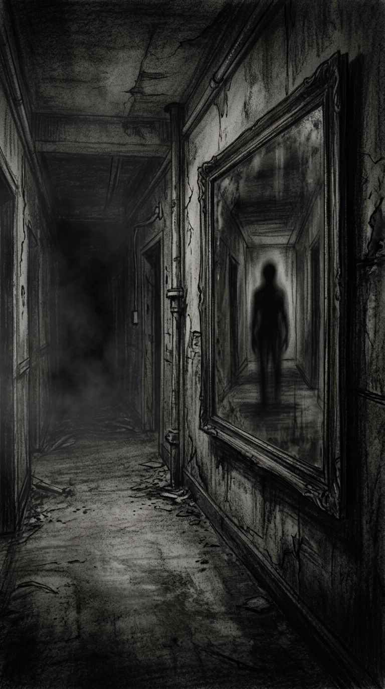Dark charcoal horror illustration of a mirror reflecting a corridor, a blurred h