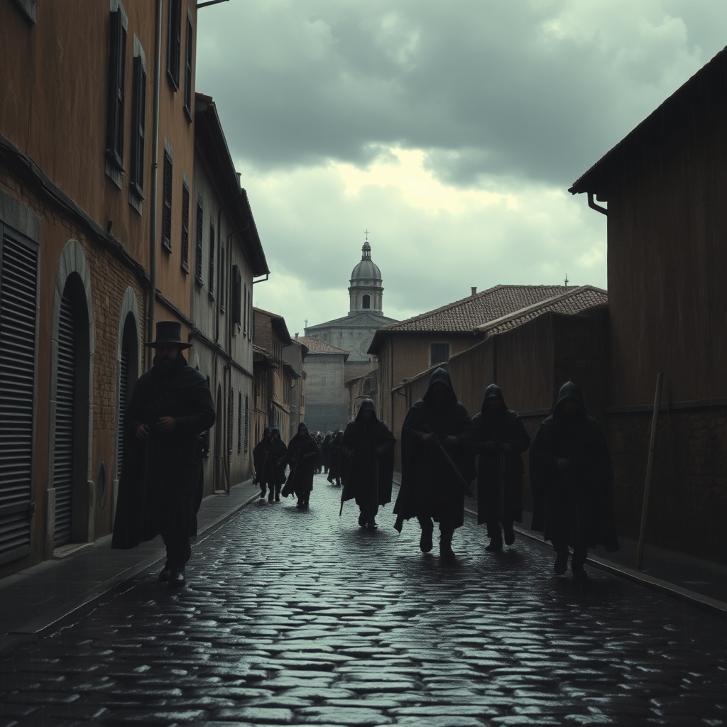 Rain-slick cobblestone street in early medieval Rome, shadowy armed men in cloak