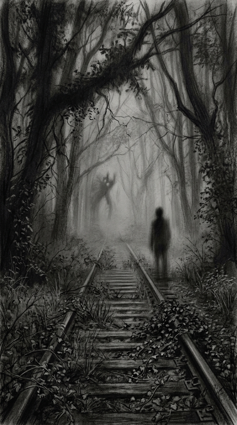A mist-filled train track with overgrown weeds, disappearing into a dense forest