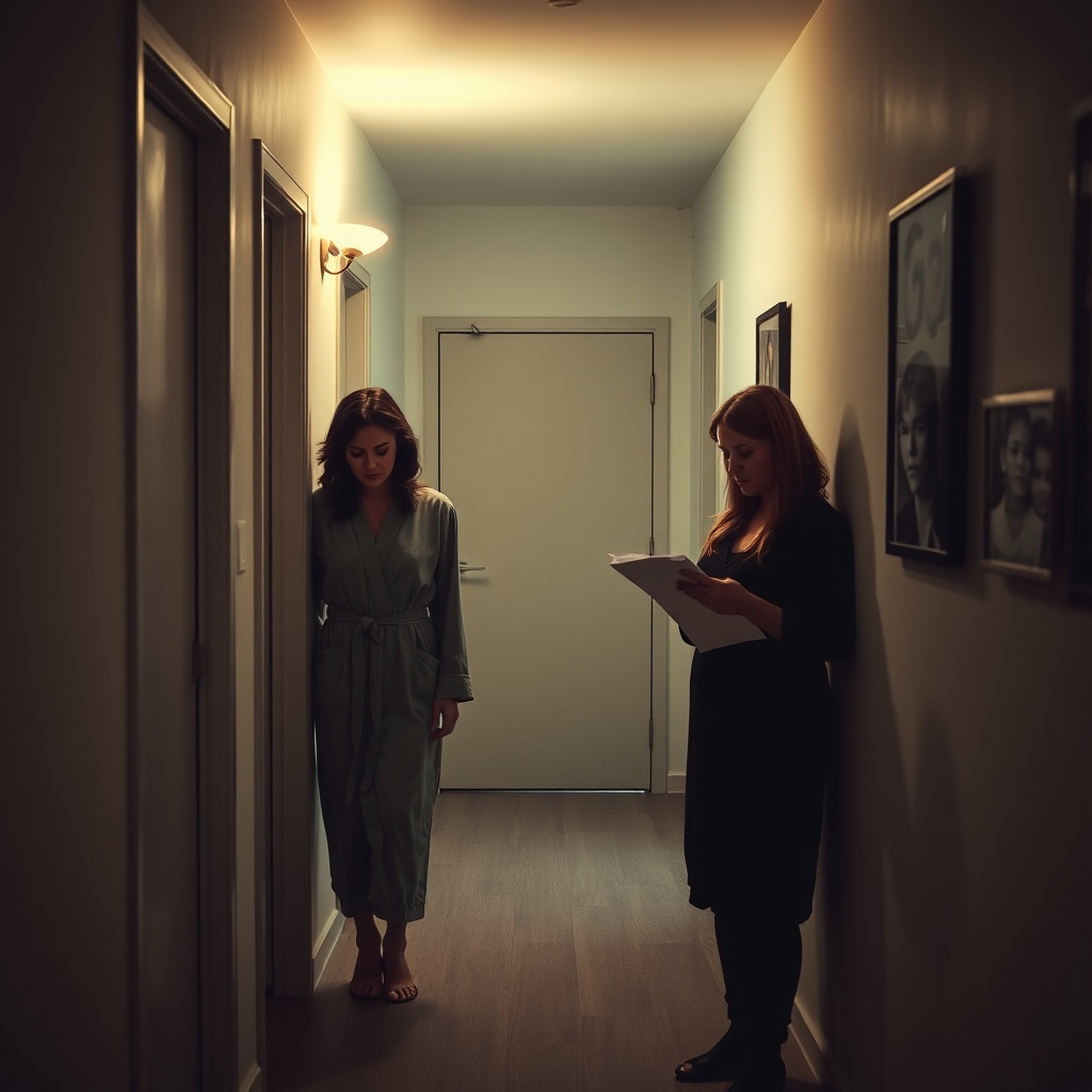 A narrow hallway lit by a single lamp, a woman in a robe frozen mid-step, anothe