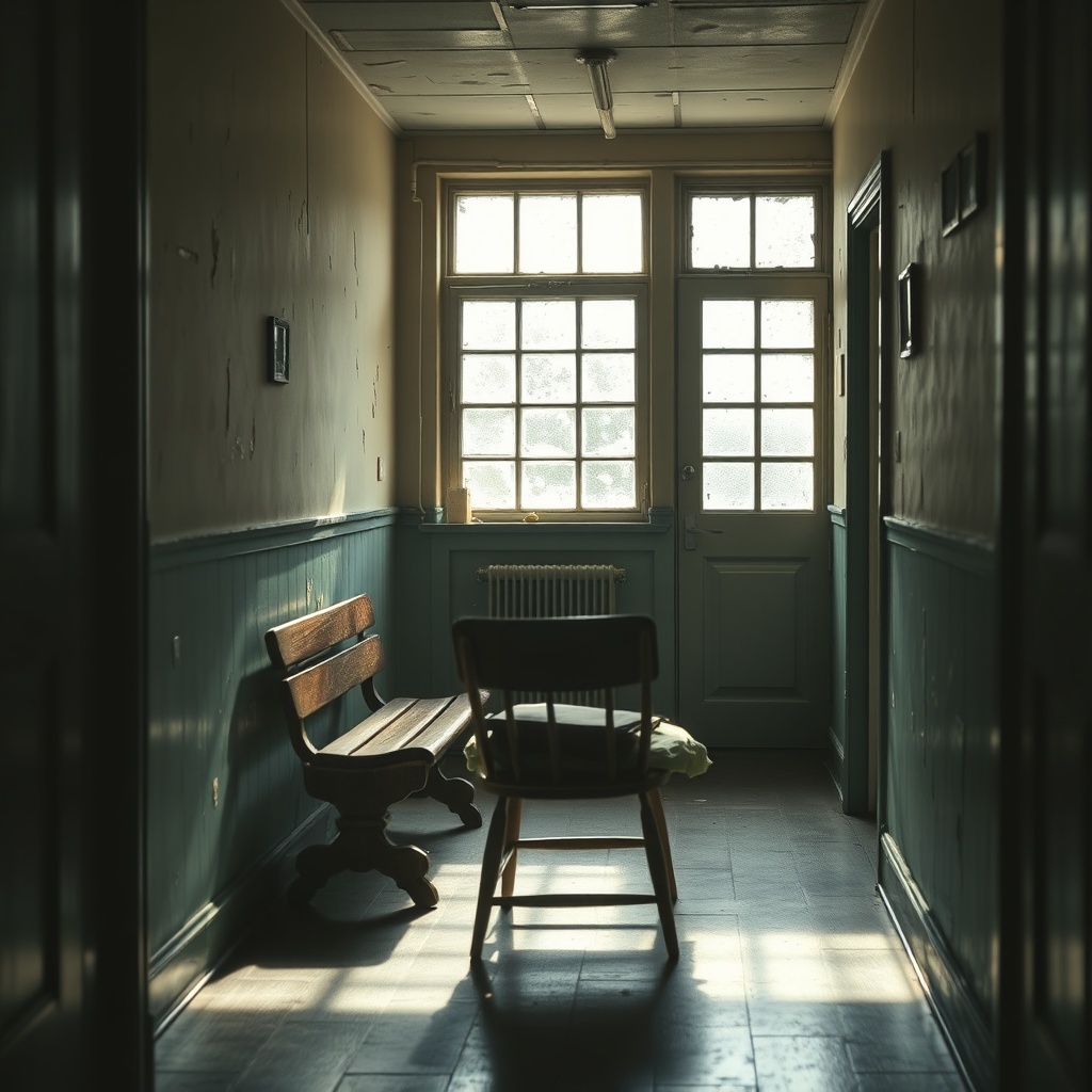 A quiet hospital corridor in an early twentieth century charity infirmary, peeli