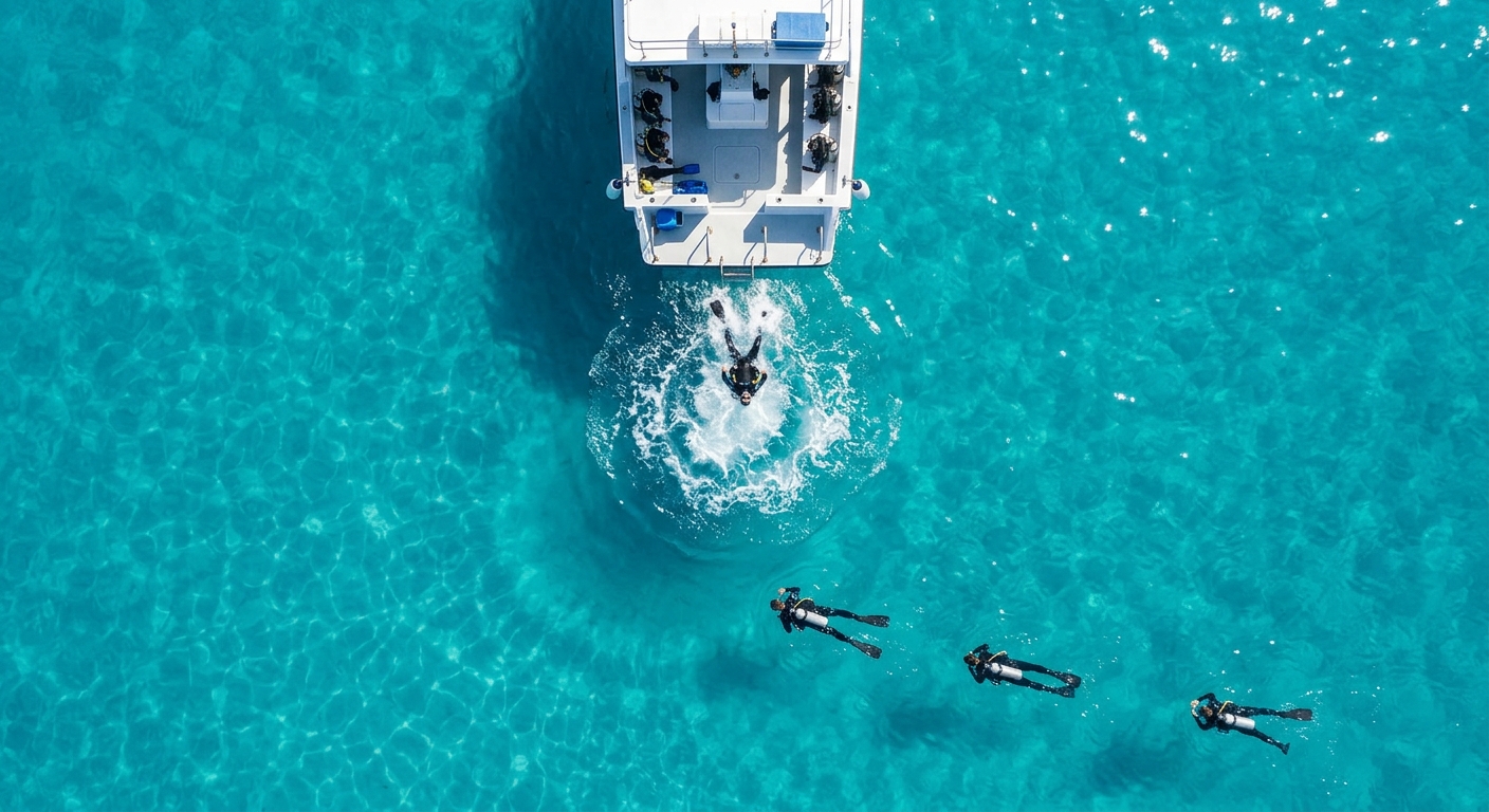 Top-down view of several divers in the water near a boat, spaced in a safe patte