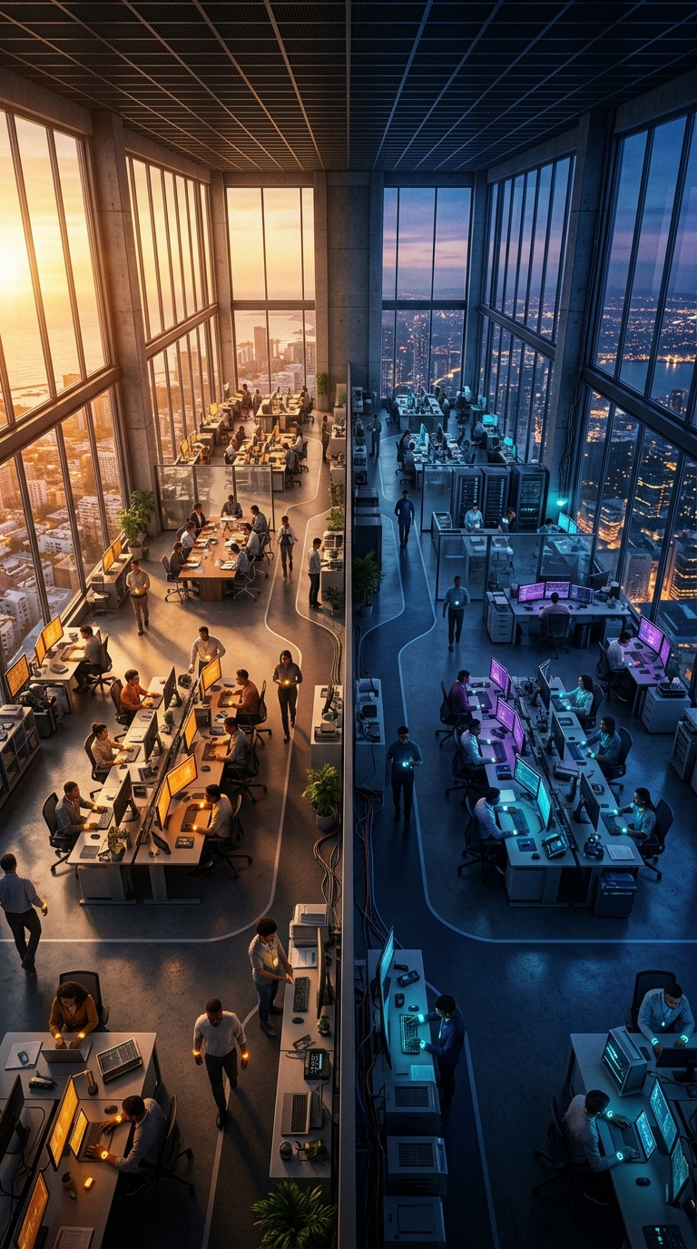 An open-plan office seen from above, two groups working under different lighting