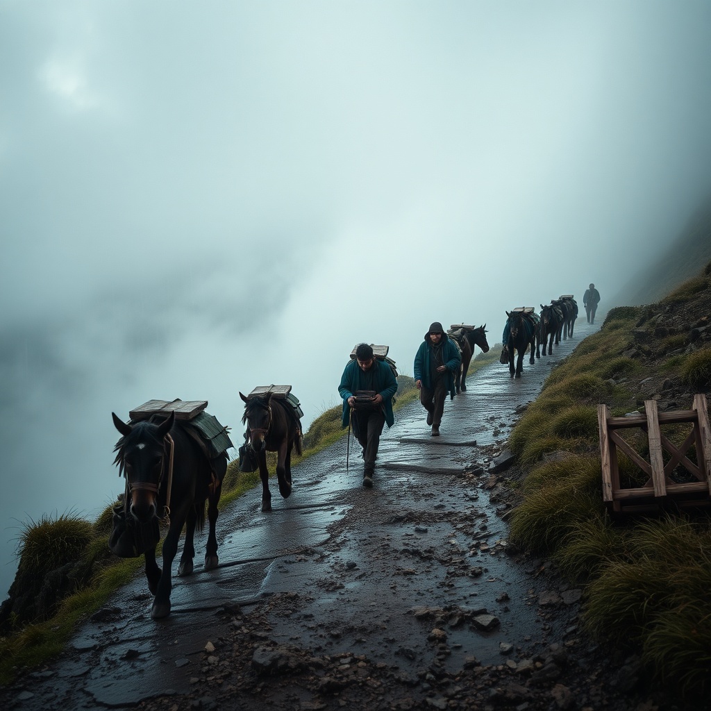 A rain-soaked Andean mountain trail with pack mules and a small group of anonymo