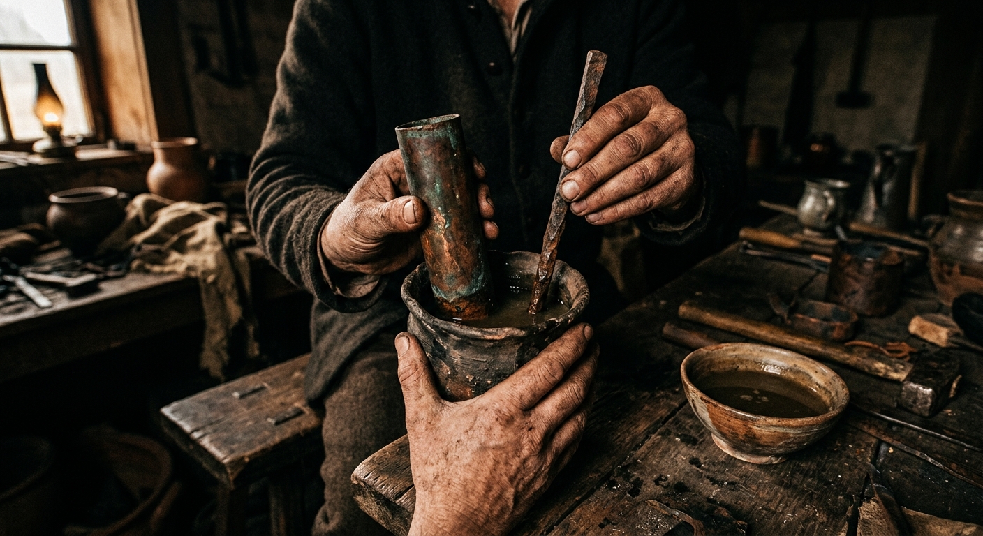 Close-up of hands in a workshop holding a recreated clay jar battery setup with 