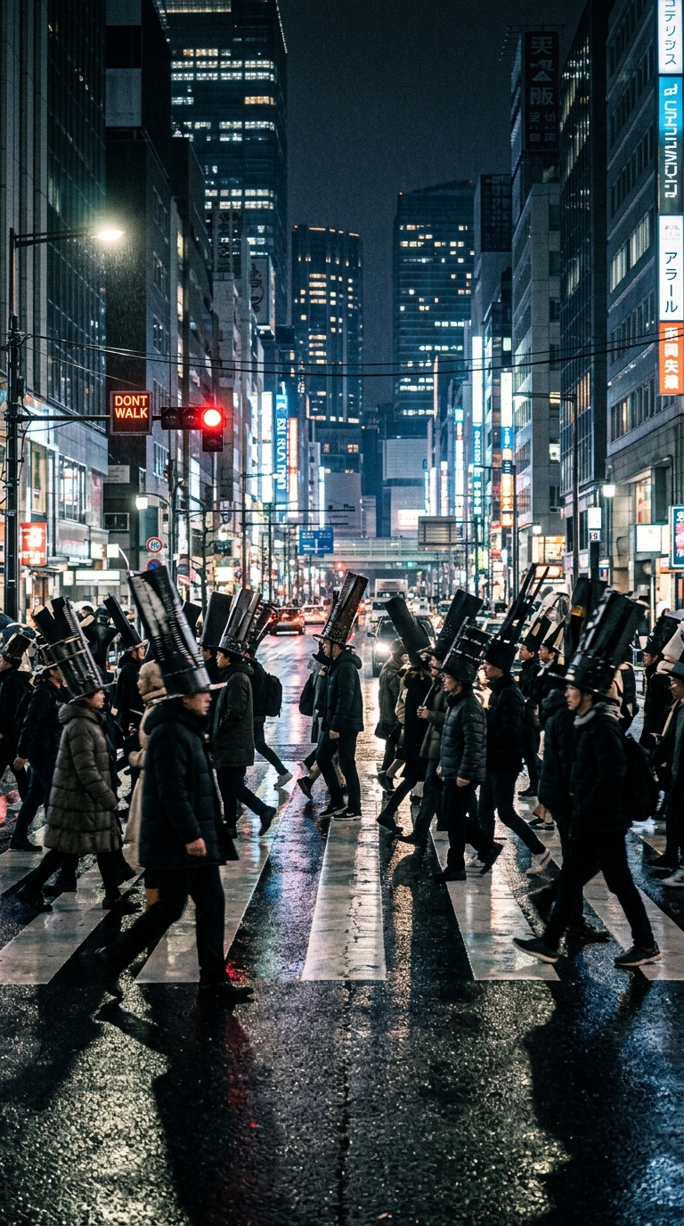 Nighttime city crosswalk with a crowd wearing towering hats that create a jagged