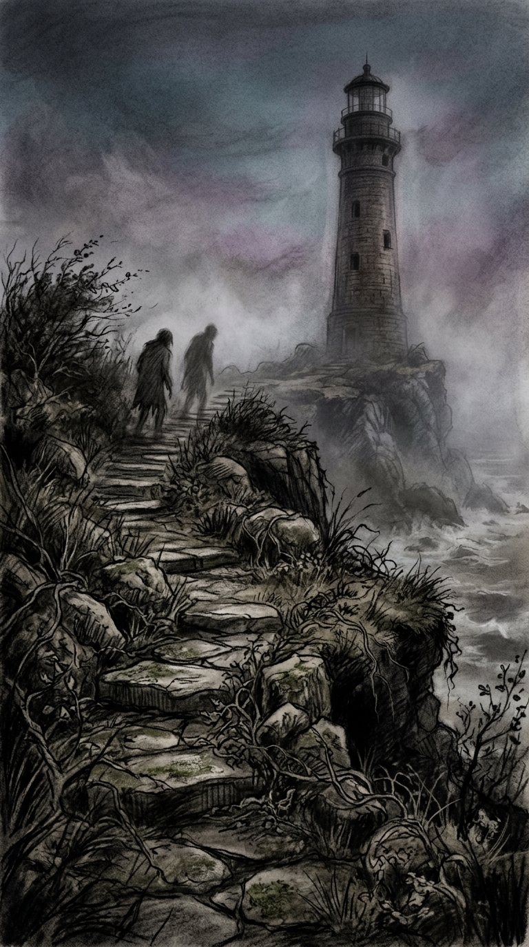 A weathered stone path leading up to the lighthouse, overgrown with wild sea gra