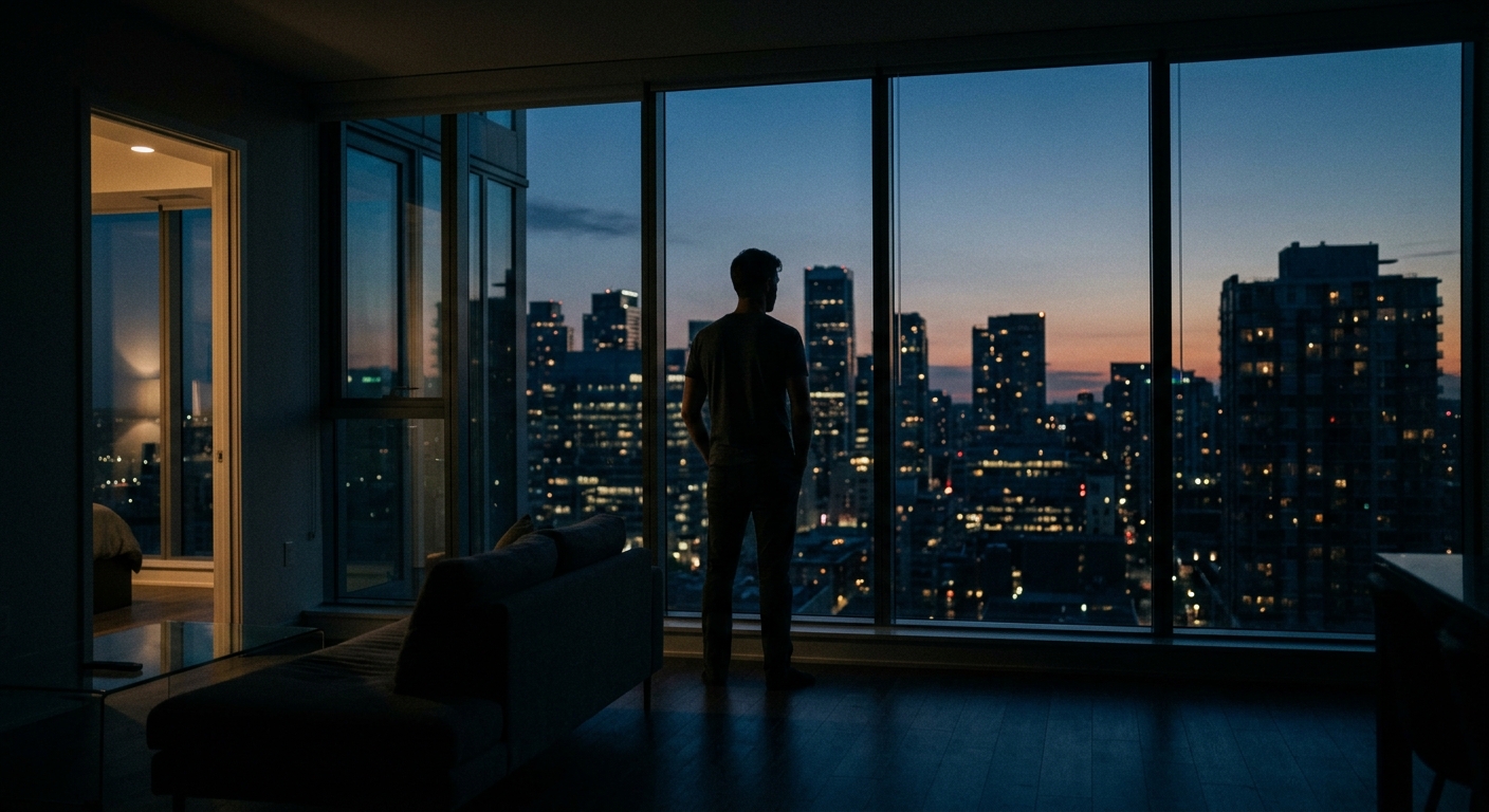The city skyline darkening through an expansive apartment window, a man silhouet