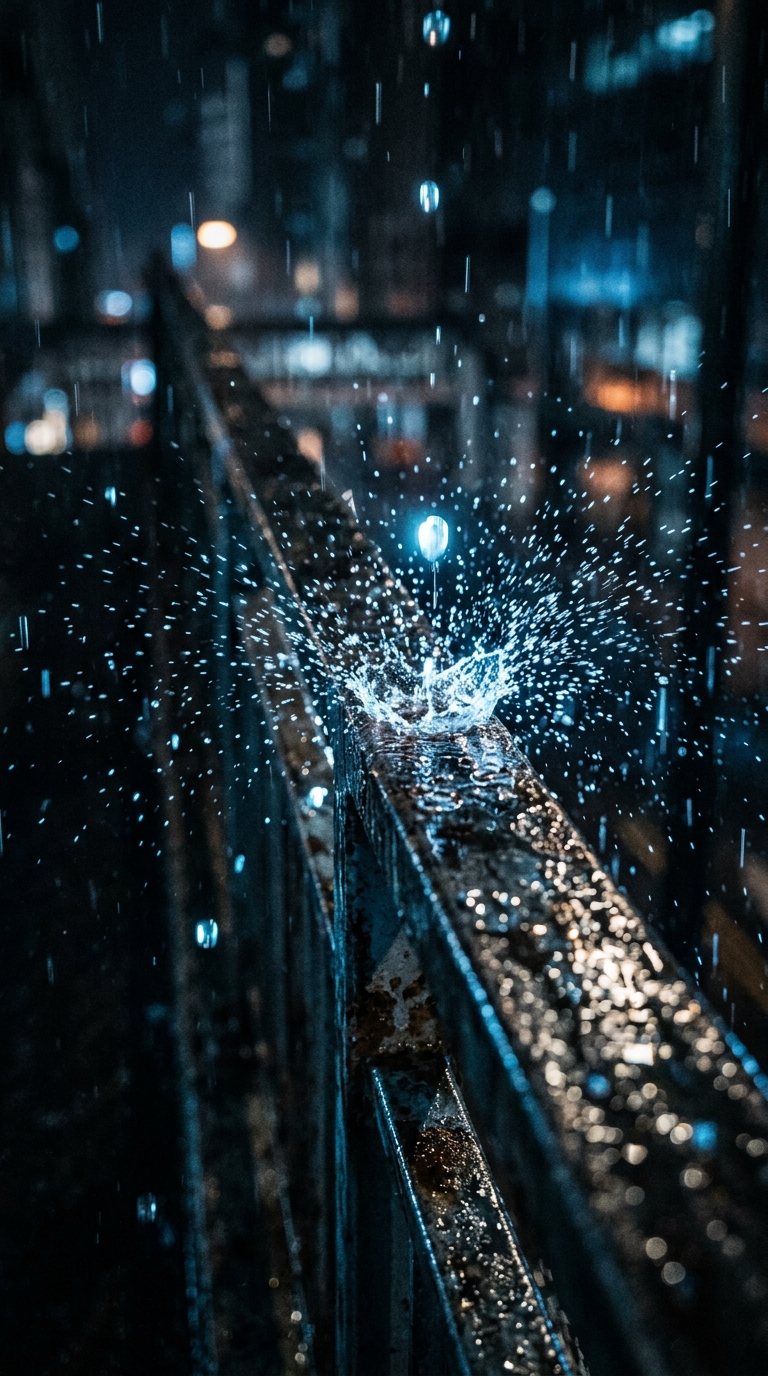 Close vertical macro-style cinematic shot of glowing raindrops impacting a dark 