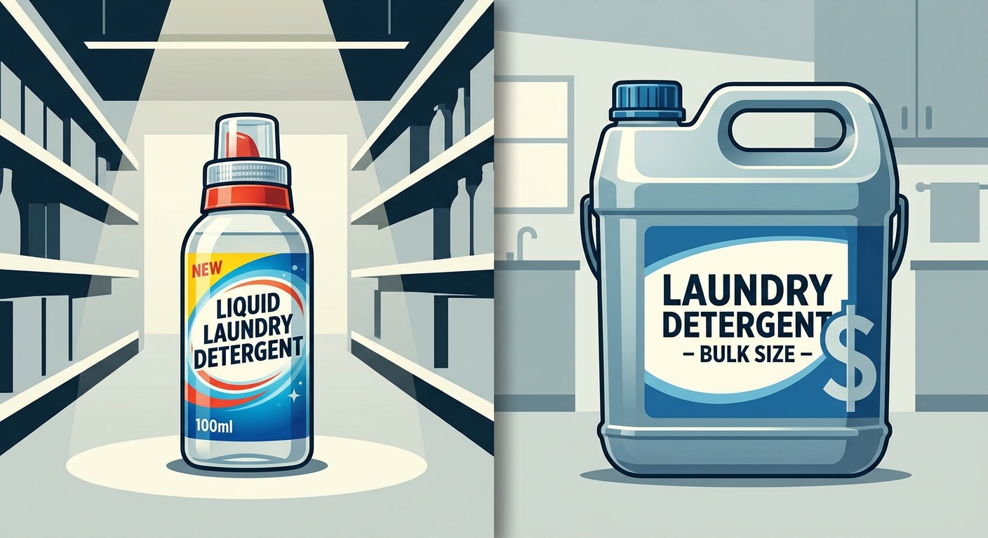 A split-scene visual: on one side a small, overpriced single-use item like a tin