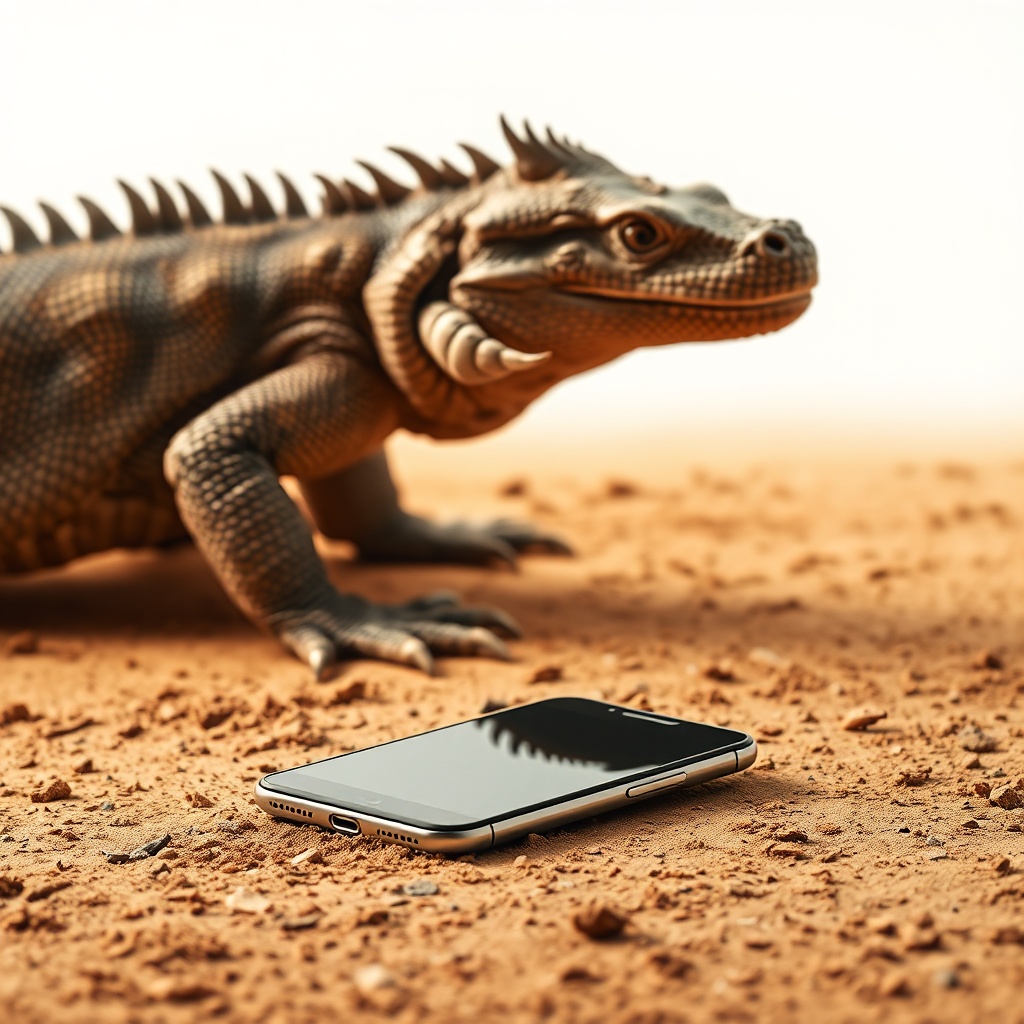 A minimalist, high-contrast still life of a dropped smartphone on dusty ground i