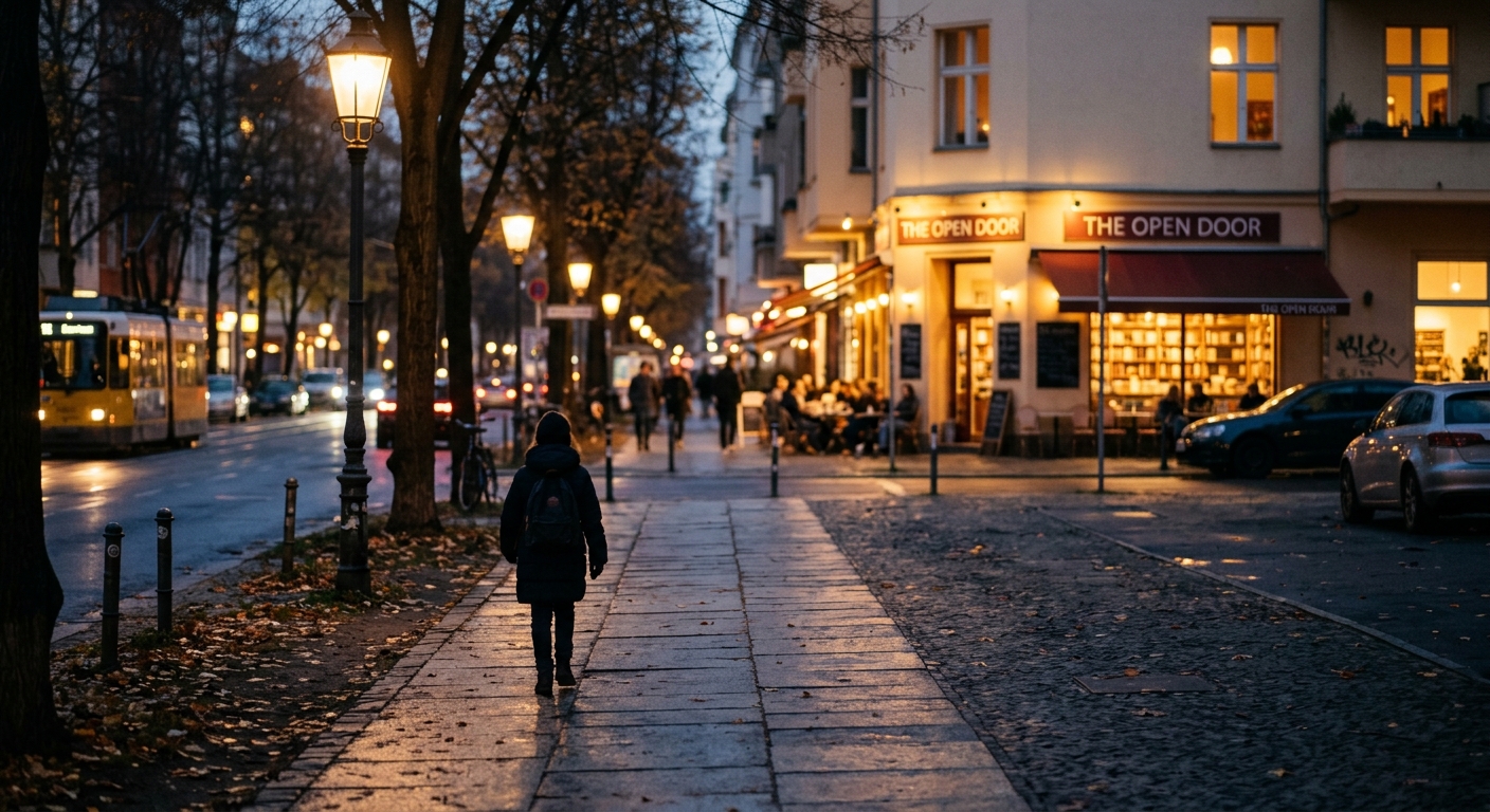 An evening sidewalk with streetlights and a small figure walking toward a warmer