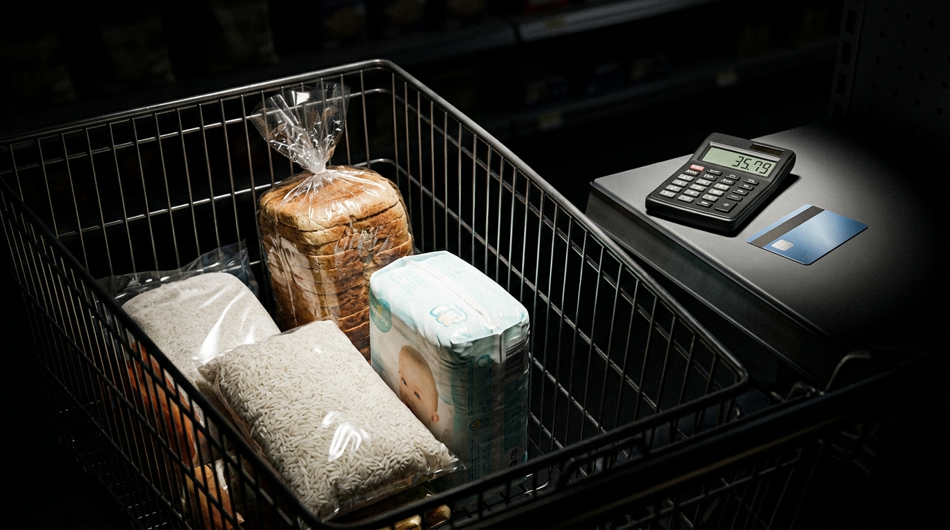 A close-up of a shopping cart with only essentials like bread, rice, and diapers