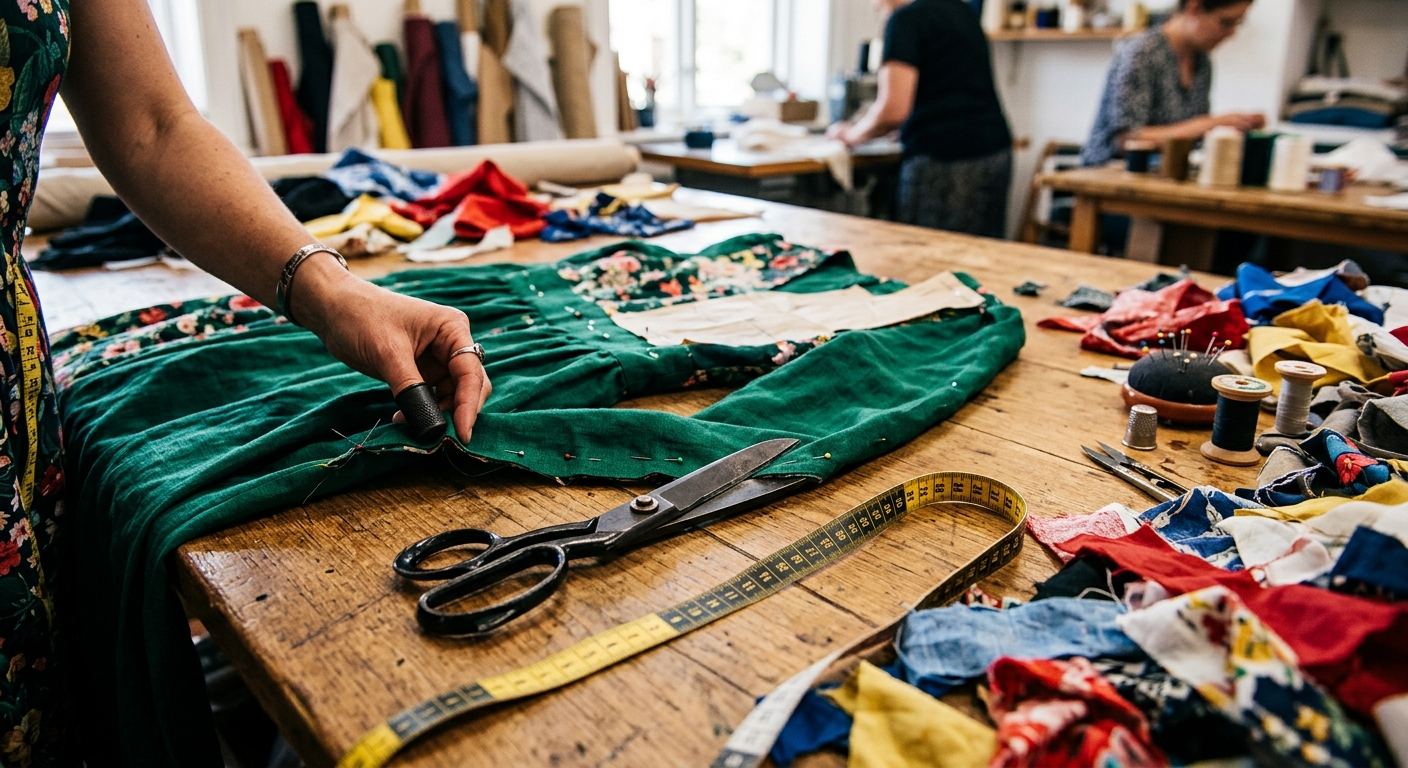 A tailor’s wooden table with a half finished dress being pinned and cut, scissor