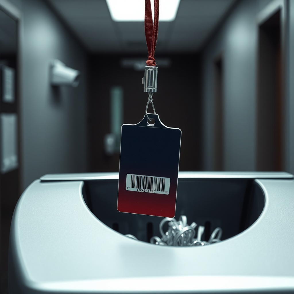 A close-up of a security badge dangling over a shredder slot, with a faint refle
