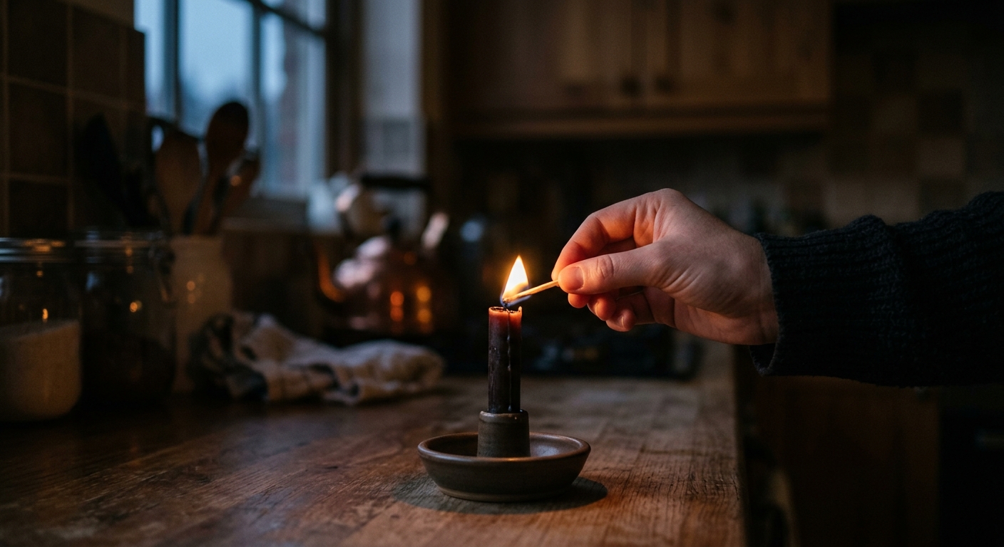 Close-up of a hand holding a small match near a candle wick in a dim kitchen, wa