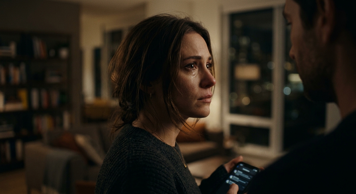 A close-up of the woman turning away, tears glistening in her eyes, determinatio