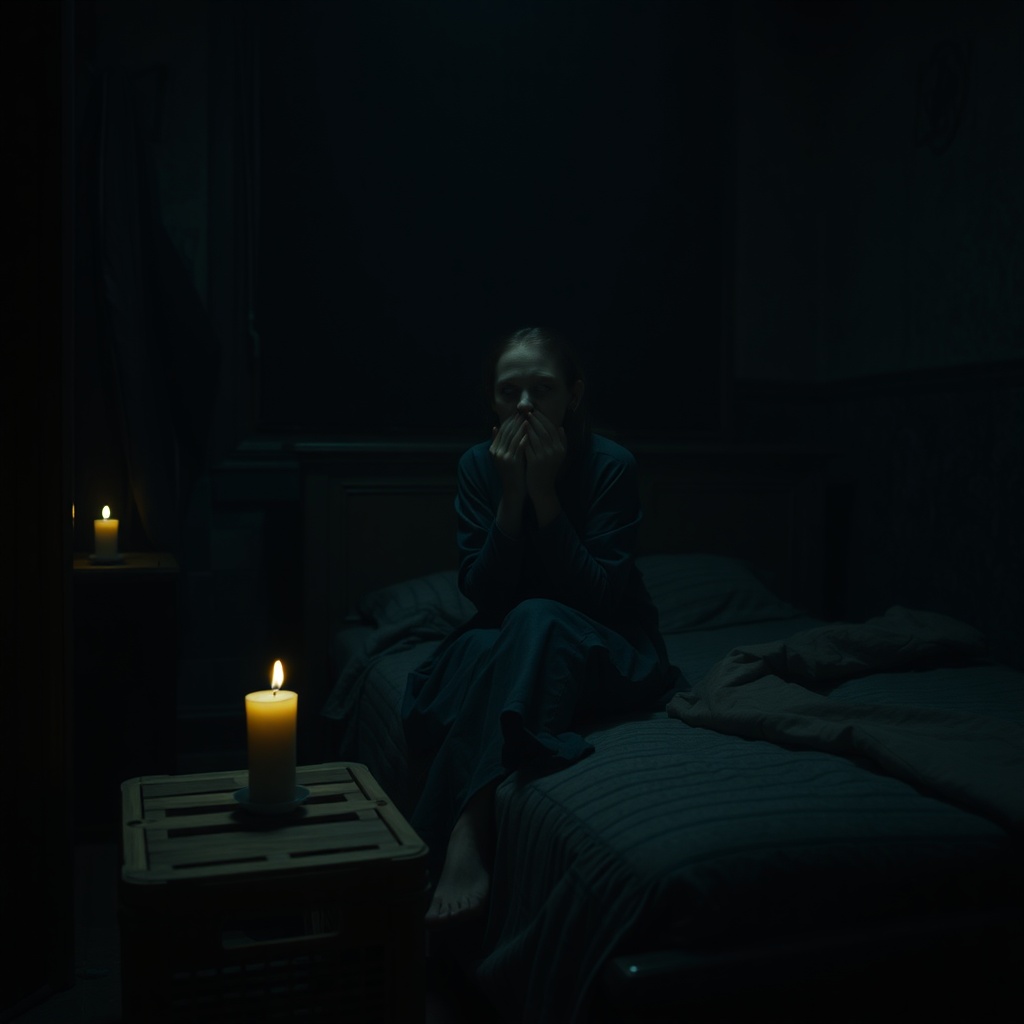 A dim tenement bedroom at night, a small candle on a crate, an anonymous exhaust