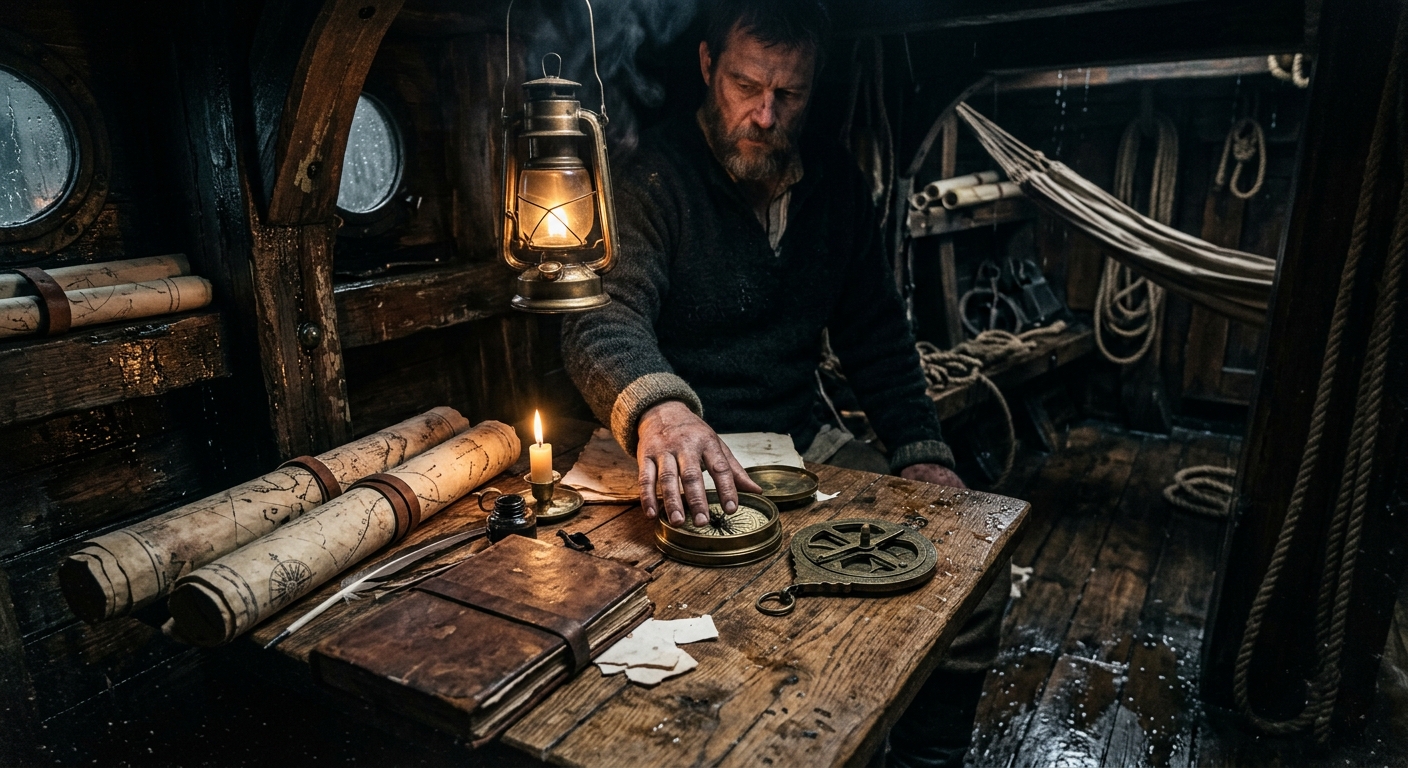 A candlelit cabin aboard a wooden caravel, a navigator’s hand over a compass and