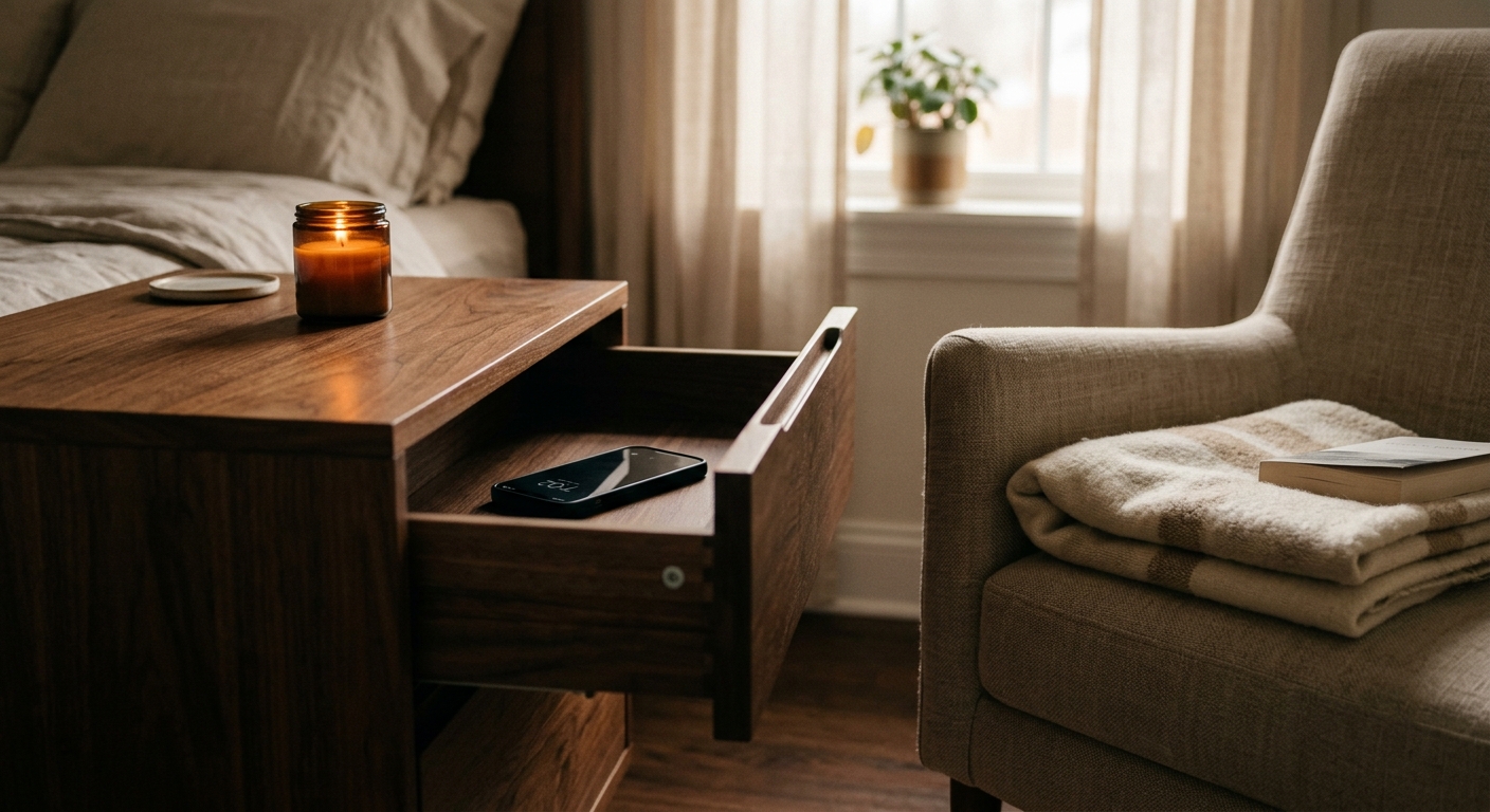 A phone placed in a drawer with a soft-close motion, nearby a small candle and a