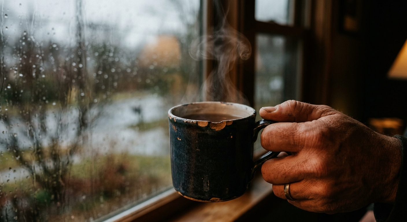 Close-up of a hand holding a chipped ceramic mug with steam rising, rain on the 