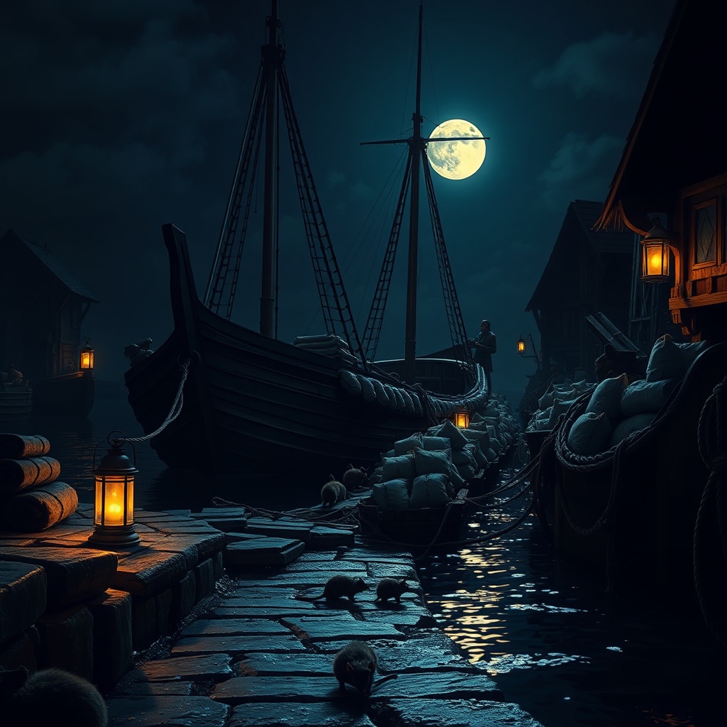 A moonlit sixth-century harbor with a wooden grain ship unloading sacks onto a d