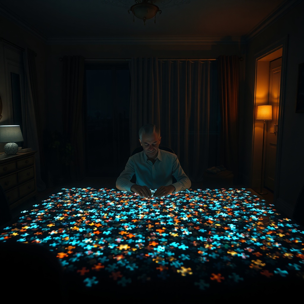 A dim living room at night with a person seated at a table surrounded by hundred