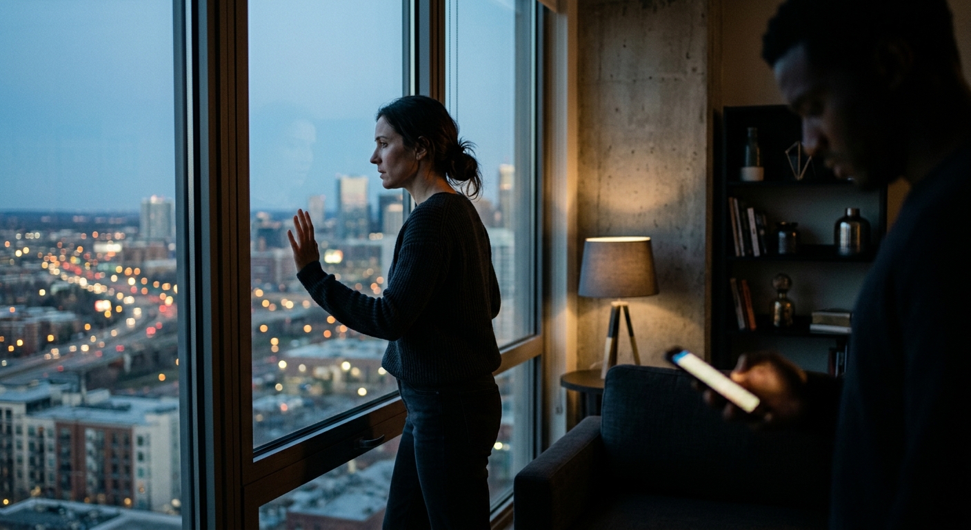 A woman walking away from the confrontation, gazing out at the city skyline from