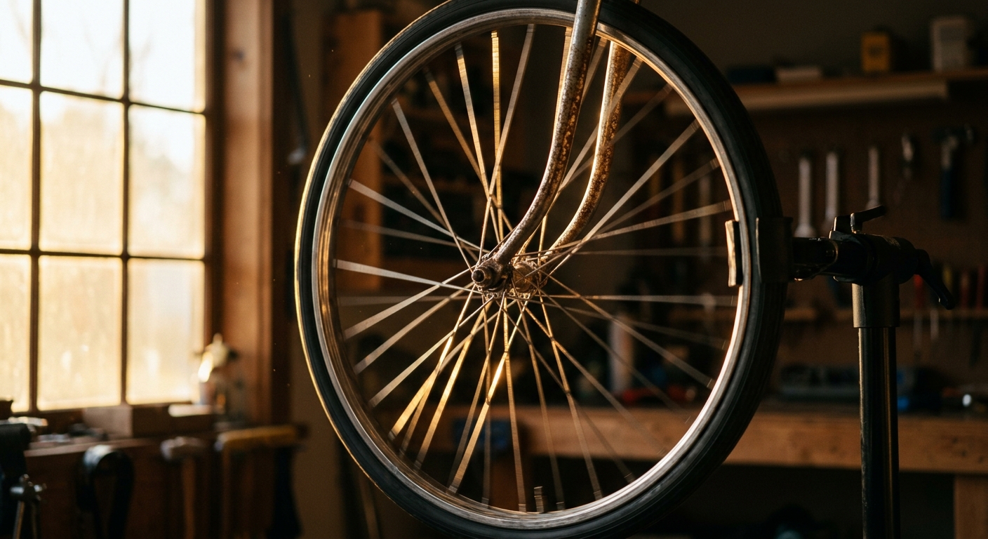 Close-up of a bike wheel spinning slowly on a stand, rust giving way to clean me