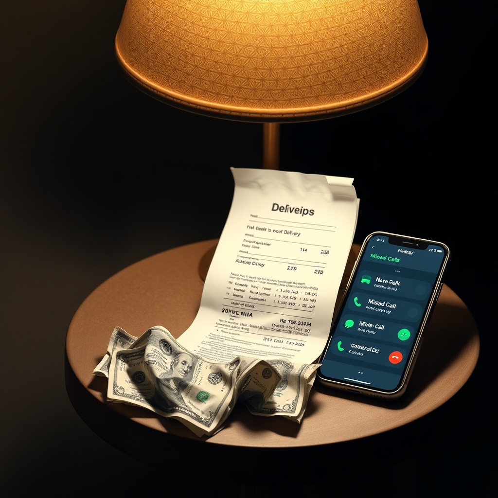 A delivery receipt and crumpled cash on a small table under a harsh lamp, next t