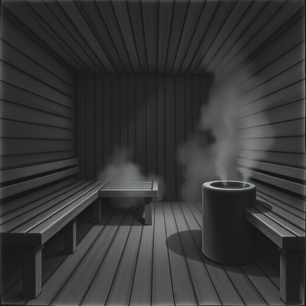 Dark charcoal horror illustration, inside a wooden sauna with bench slats and a 