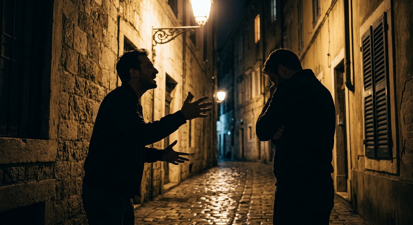 Two figures silhouetted under a streetlamp on a narrow cobblestone alley, one ge