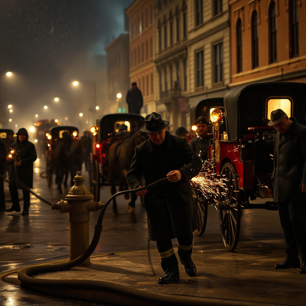A chaotic nighttime street scene with multiple horse-drawn fire engines and fire