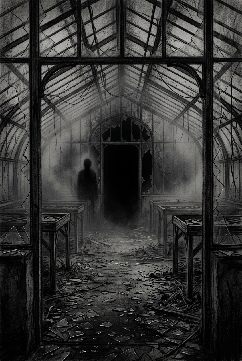 Dark charcoal horror illustration from inside the greenhouse looking toward the 