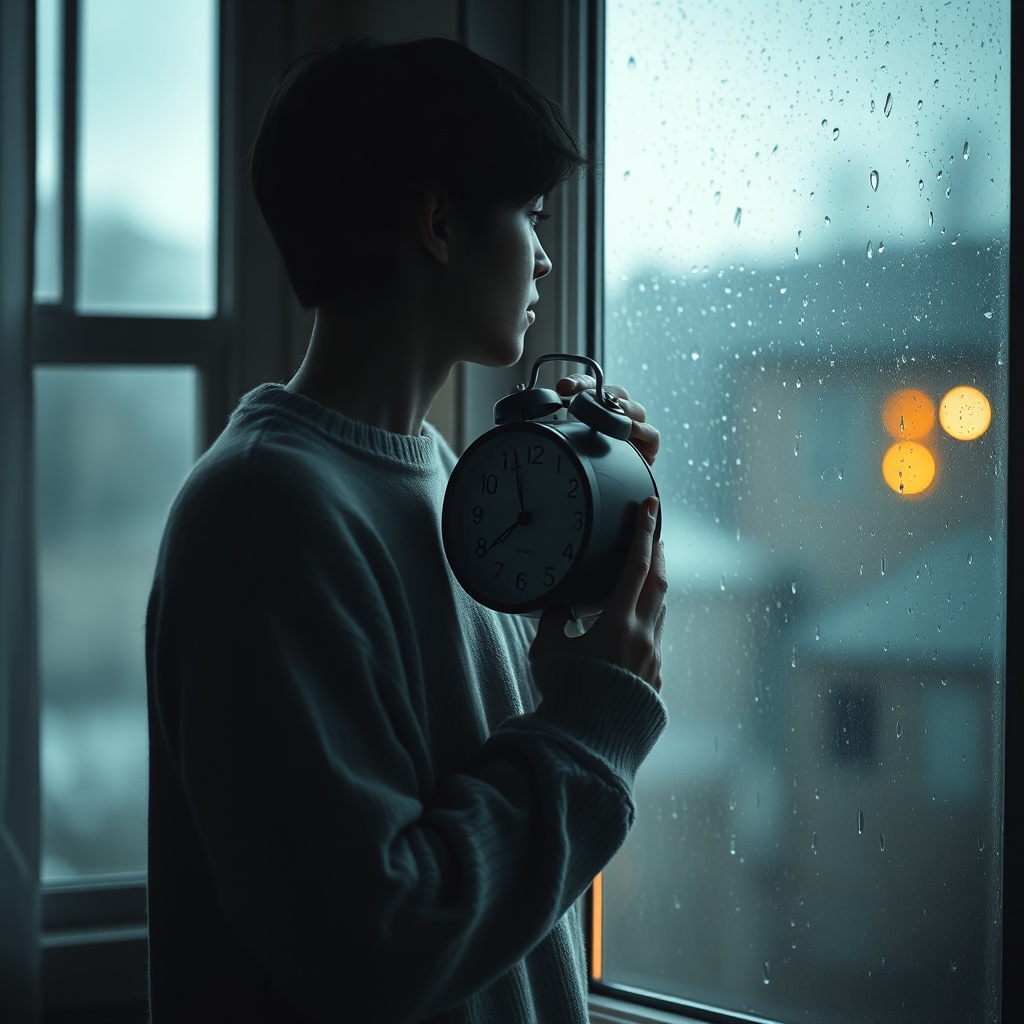 A person in a simple sweater standing by a window holding an old clock, outside 