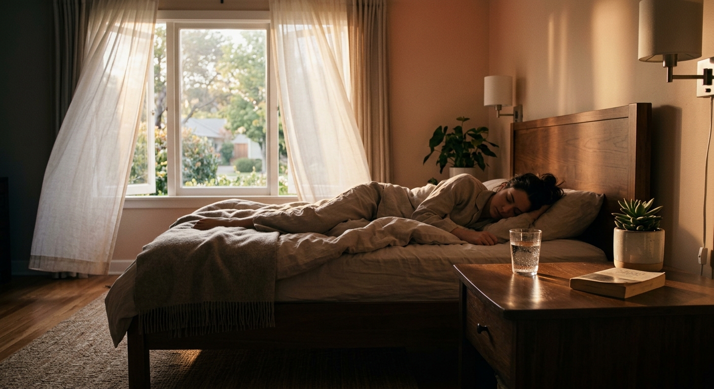A quiet bedroom scene with an open window, sheer curtains moving slightly, a gla