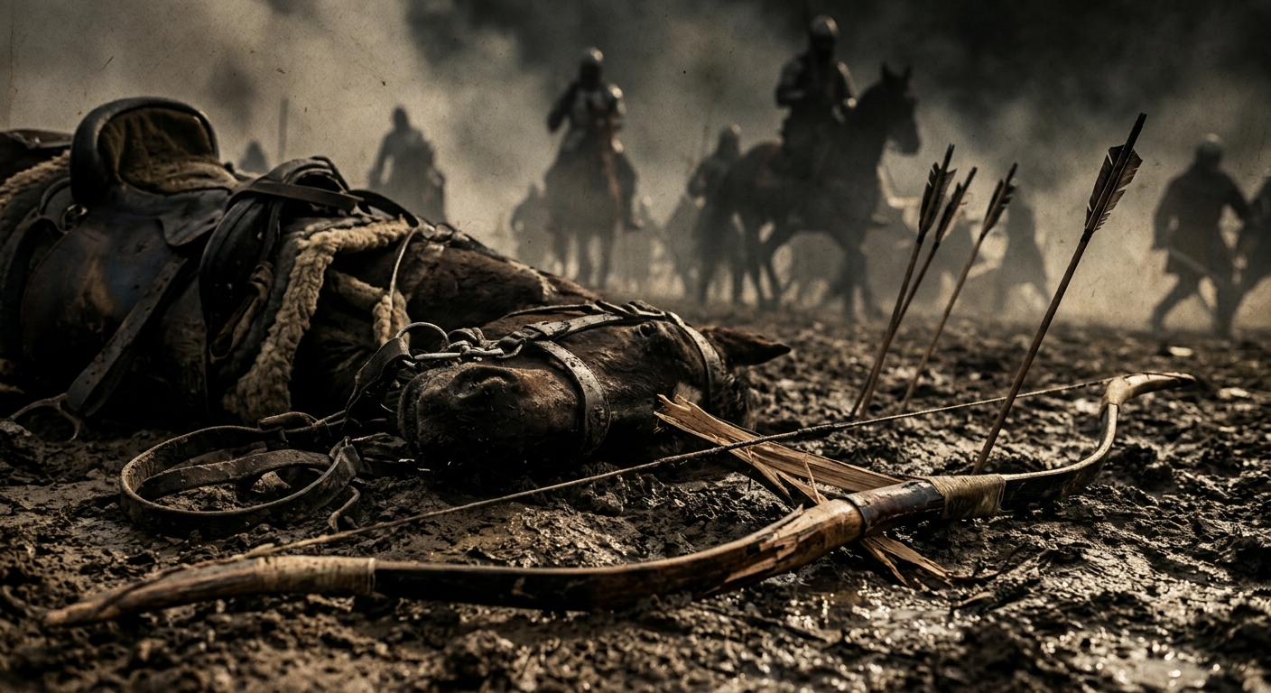 Close-up battlefield detail of a fallen horse’s tack and a snapped composite bow