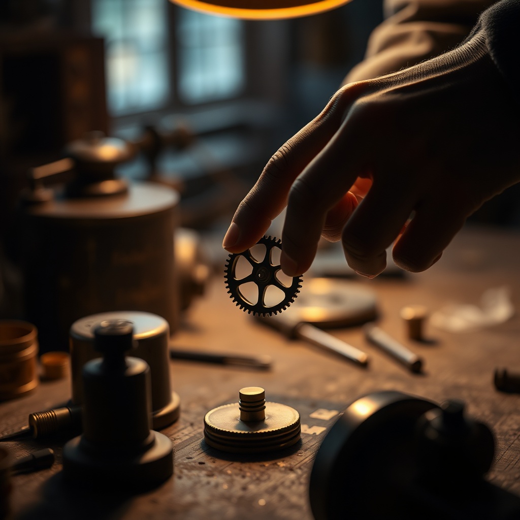 Close up of a clockmaker’s hands gently holding a small brass gear over a workbe