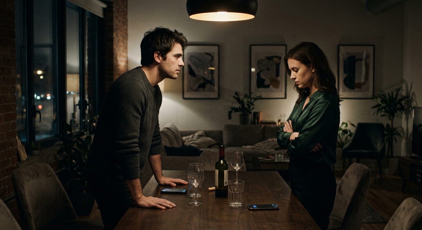 Two people facing each other in a dimly lit room. The tension between them is pa