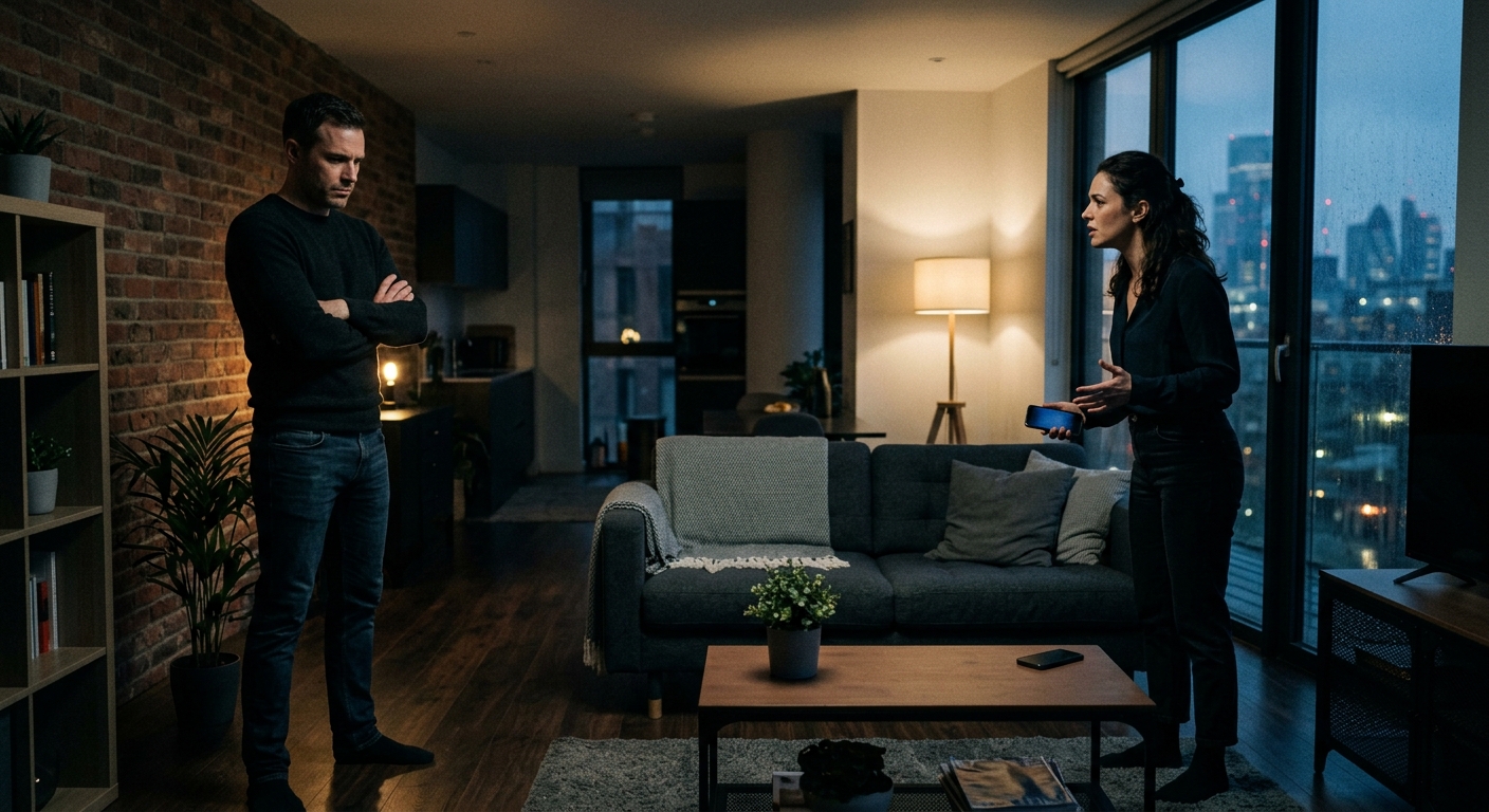 A confrontation in a modern living room, a man and woman standing on opposite si