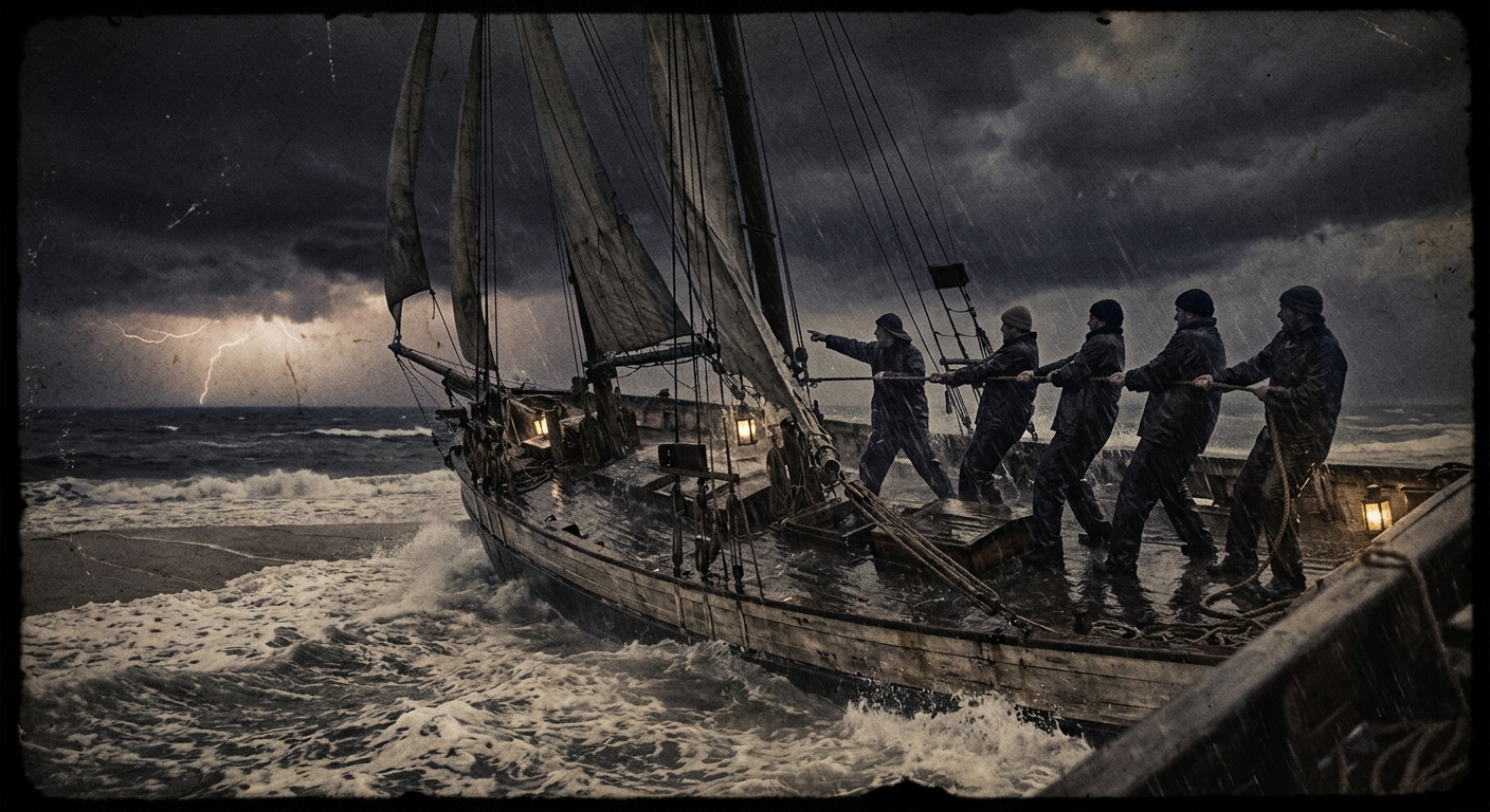 A storm-tossed small sailing ship near a sandbar at night, lightning faint on th