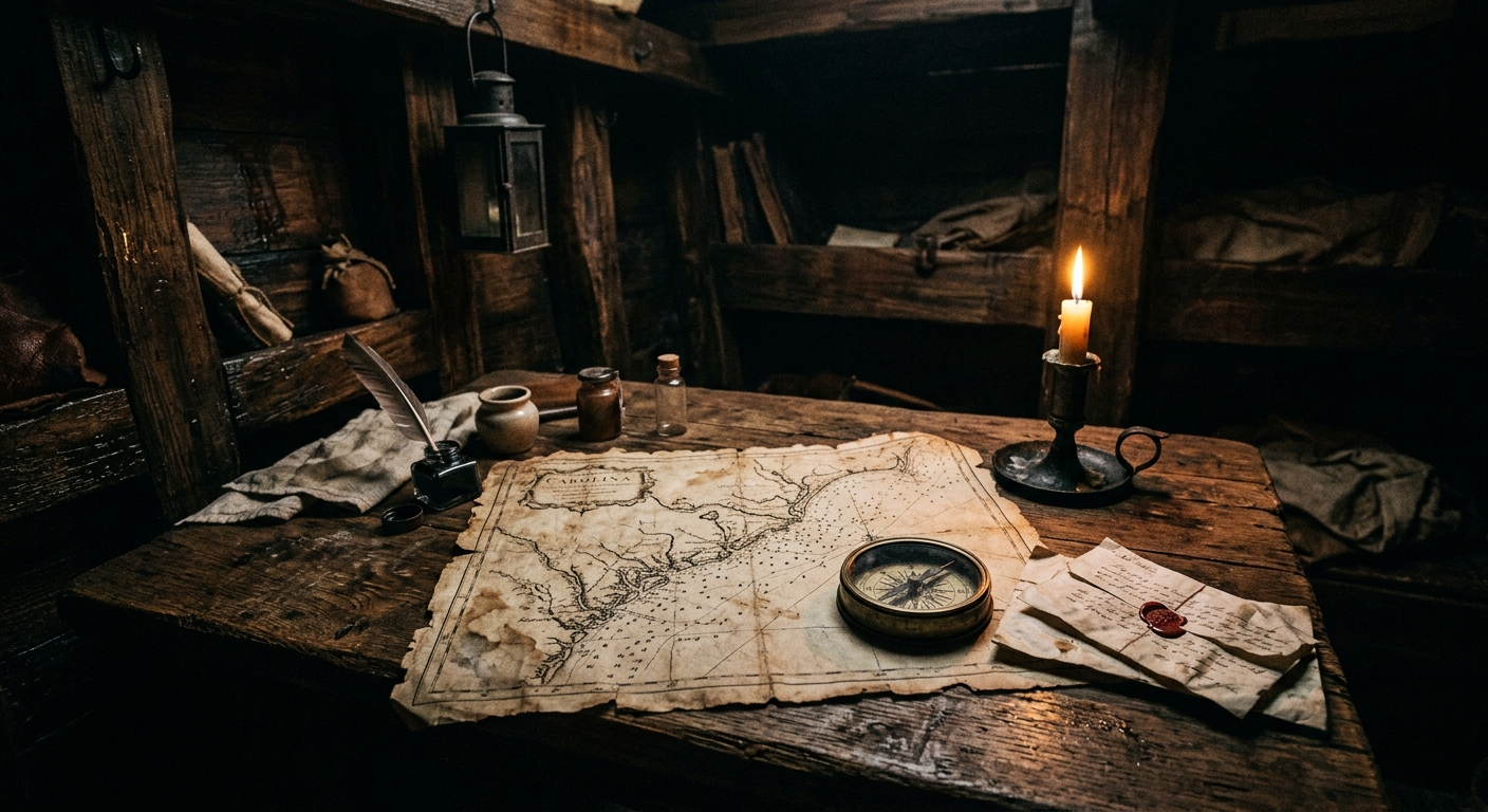 Inside a cramped candlelit ship cabin, a weathered map of the Carolina coast spr