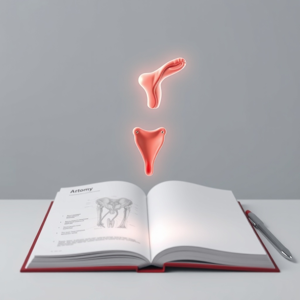 A minimalist medical desk scene with an open anatomy book showing a blurred, unl