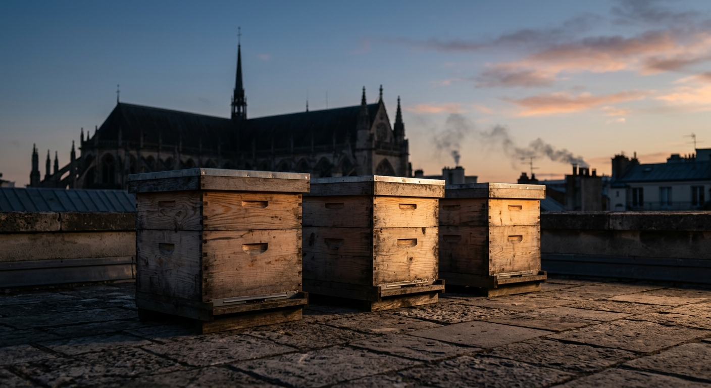 A rooftop scene at dusk with three wooden beehives on a stone terrace, smoke dri
