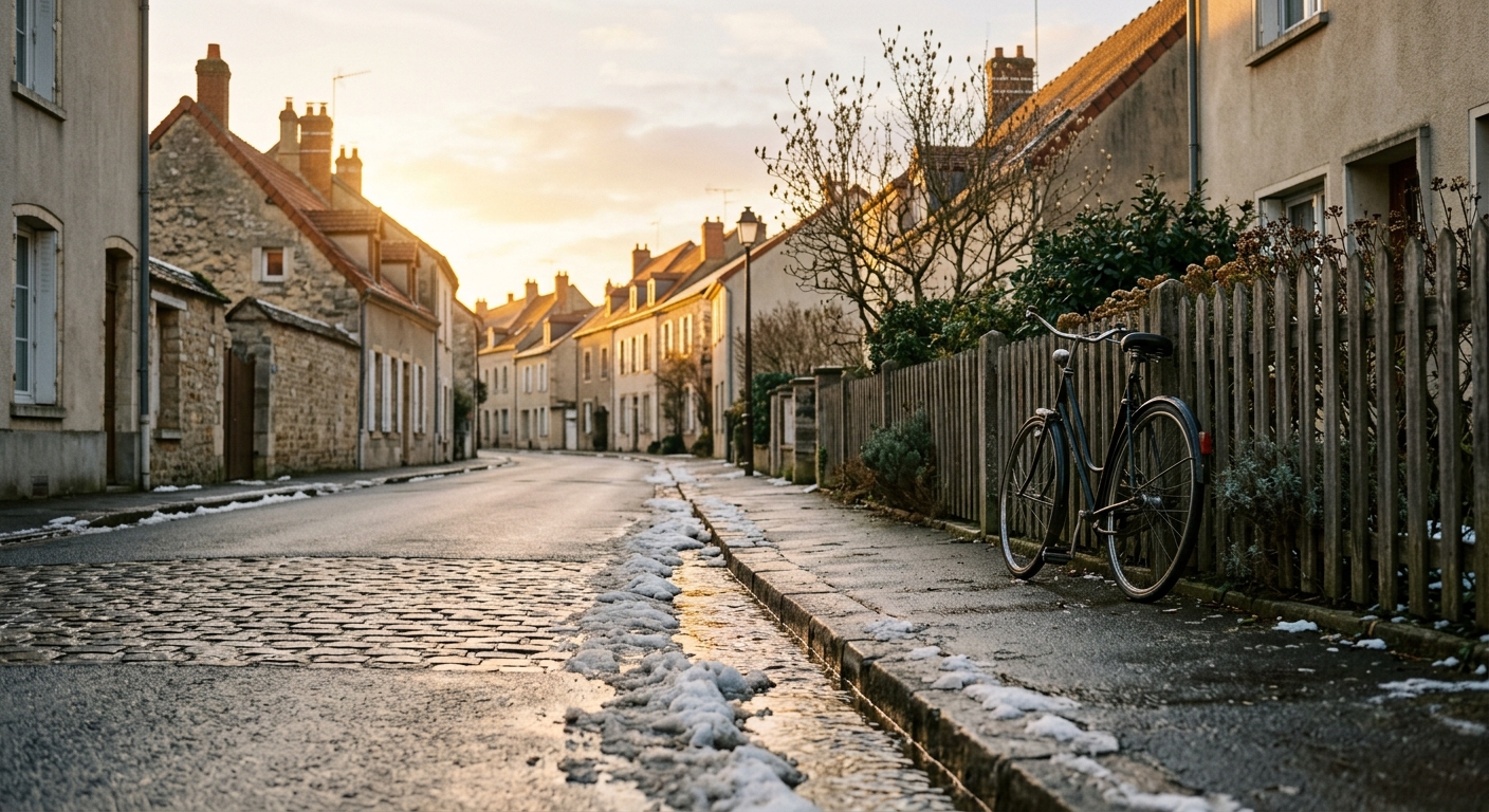 A quiet early morning street where snow is melting into small rivulets along the