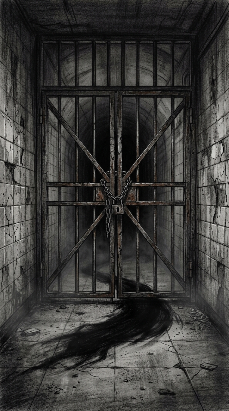 Dark charcoal horror illustration of a chained metal gate in a subway corridor, 