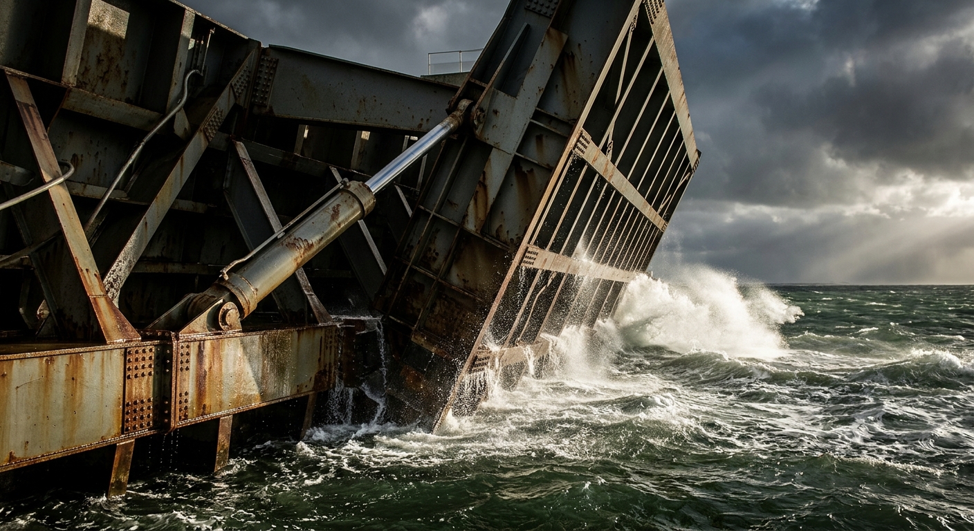 A close-up, high-contrast view of a massive storm surge barrier gate partly rais