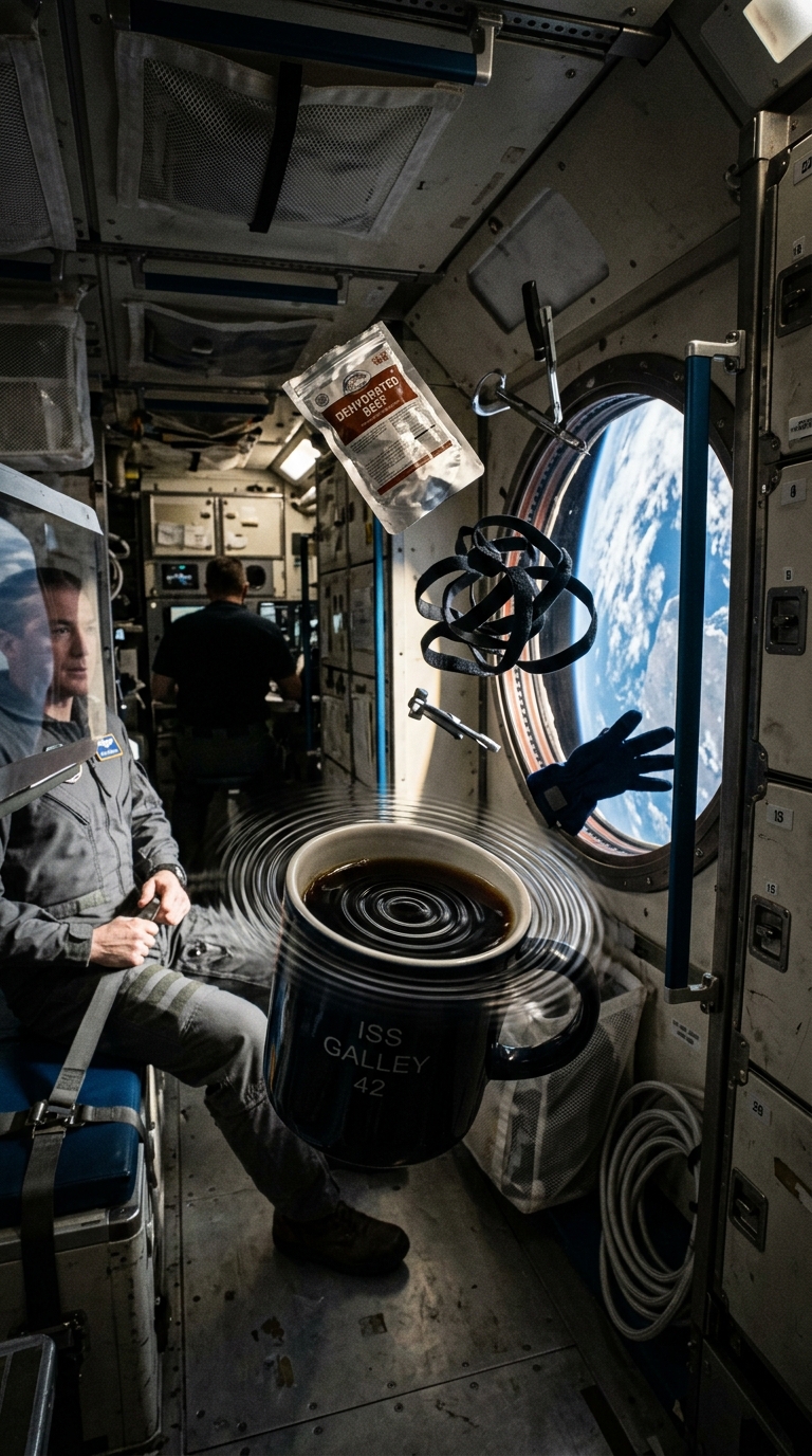 Interior of a space station galley, a floating coffee mug emitting visible vibra