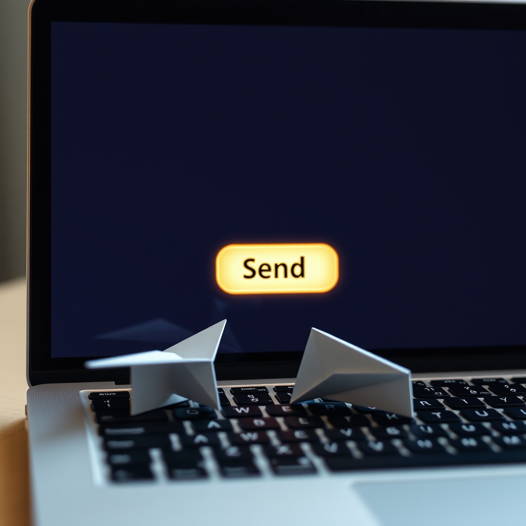 A laptop screen from an over-the-shoulder angle with a single “send” button glow